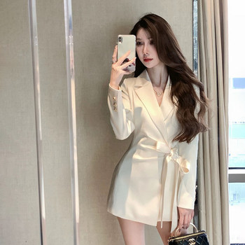 French-Style High-End Satin Blazer Dress with Straps for Women, Unique Design, Waist-Cinching, Elegant Short Skirt for Spring and Autumn