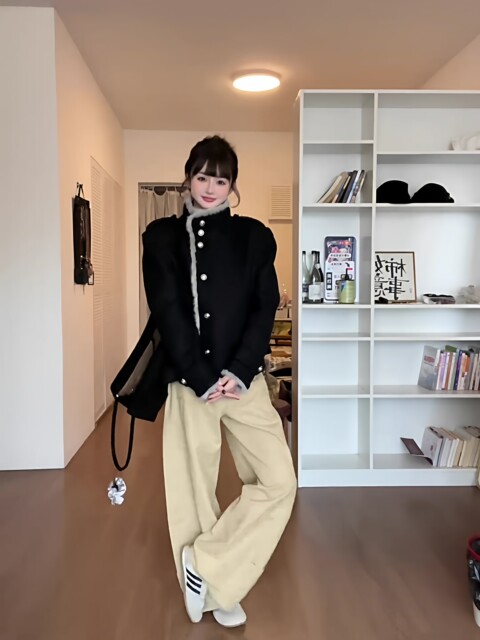 New Style Hot Girl Style Black Fur Stand-Up Collar Woolen Outwear for Women in Autumn and Winter, High-End Loose Short Jacket Top