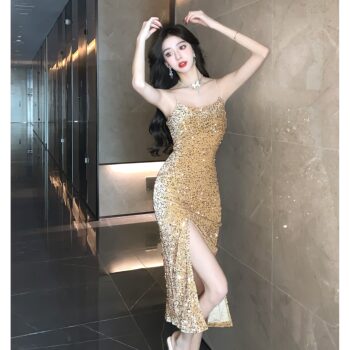 Gold High-End Sequin Suspender Dress for Women, Shiny, Light Luxury, Elegant, Classy Party Evening Dress