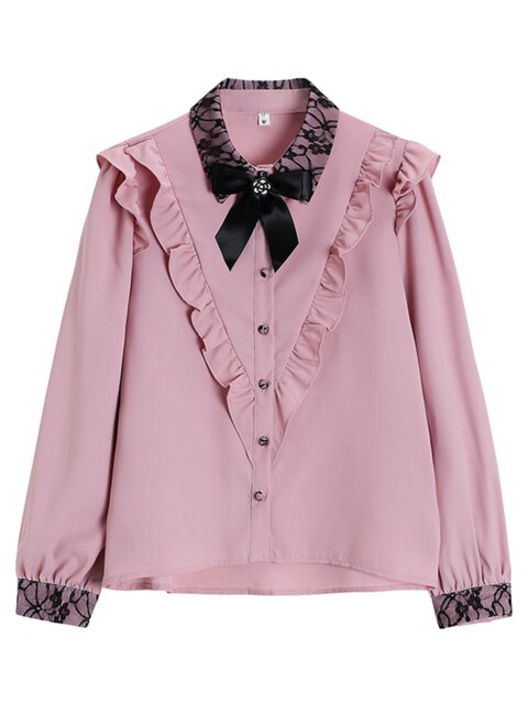 Bow Lace Pink Shirt for Women, Niche Design, High-End Feel, French Style, Spring and Autumn, Petite Long-Sleeved Top