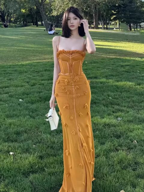 Thai and Vietnamese Niche Fishbone Strap Mesh Dress, Feminine Waist-Cinching Slimming Floral Dress, Vacation Long Dress