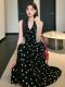 2026 Spring/Summer New Polka Dot Elegant Halter Neck Waist-Cinching Dress for Women with Bow, Versatile Backless Slit Long Dress