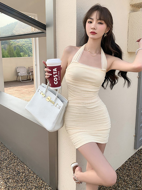 French-Style Sweet and Spicy Slim-Fit Mesh Halter Neck Slip Dress, Feminine European and American Pure Desire Sexy Hot Girl Bodycon Dress