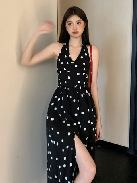 2026 Spring/Summer New Polka Dot Elegant Halter Neck Waist-Cinching Dress for Women with Bow, Versatile Backless Slit Long Dress
