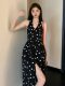 2026 Spring/Summer New Polka Dot Elegant Halter Neck Waist-Cinching Dress for Women with Bow, Versatile Backless Slit Long Dress