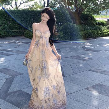 Elegant Flower Girl Pure Desire Vacation Style Spaghetti Strap Dress Women's Early Autumn New Mesh Print Beach Vacation Dress