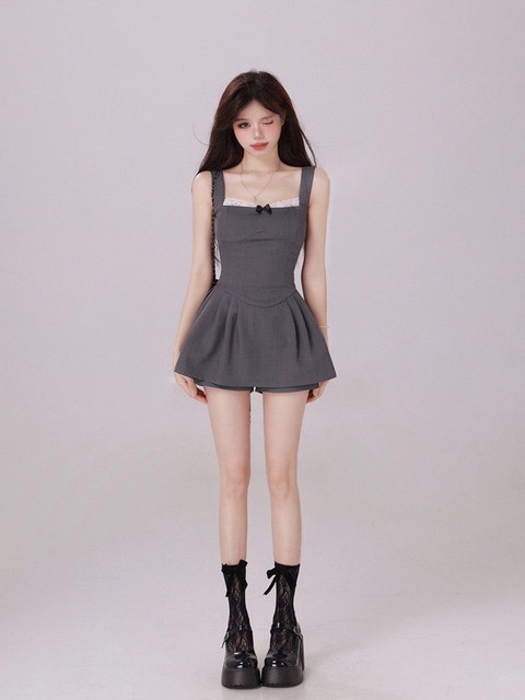 Purely Sensual Lace Patchwork Spaghetti Strap Dress for Women, Summer French Style with Bow, Waist-Cinching, Slimming Short Dress