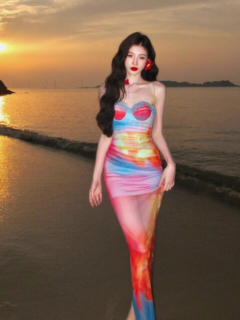 Lazy island holiday mesh ink suspender dress for women summer new slim long skirt dopamine hip skirt