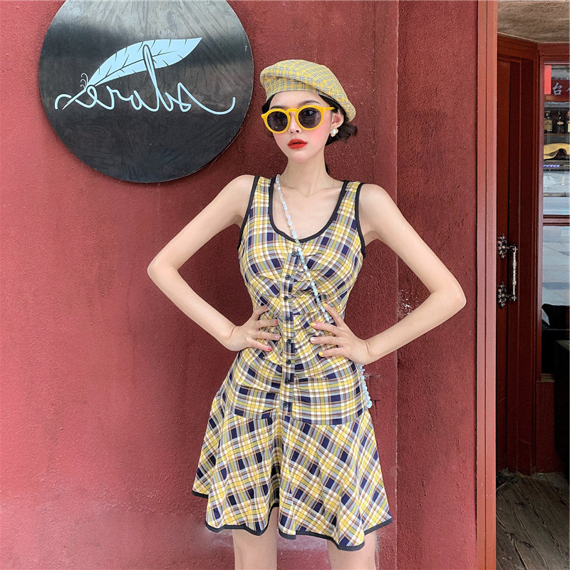 Eo váy cao nhỏ 2020 Summer sọc ca rô Vintage dress Tiên Vest váy nữ