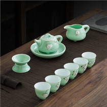 Hand-painted golden lotus celadon tea set elegant simple household office ceramic Kung Fu tea cup and teapot set