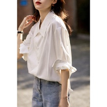 OLYFOU 2022 Summer new style vintage New trendy comfort Peter Pan collar Solid living pleated shirt