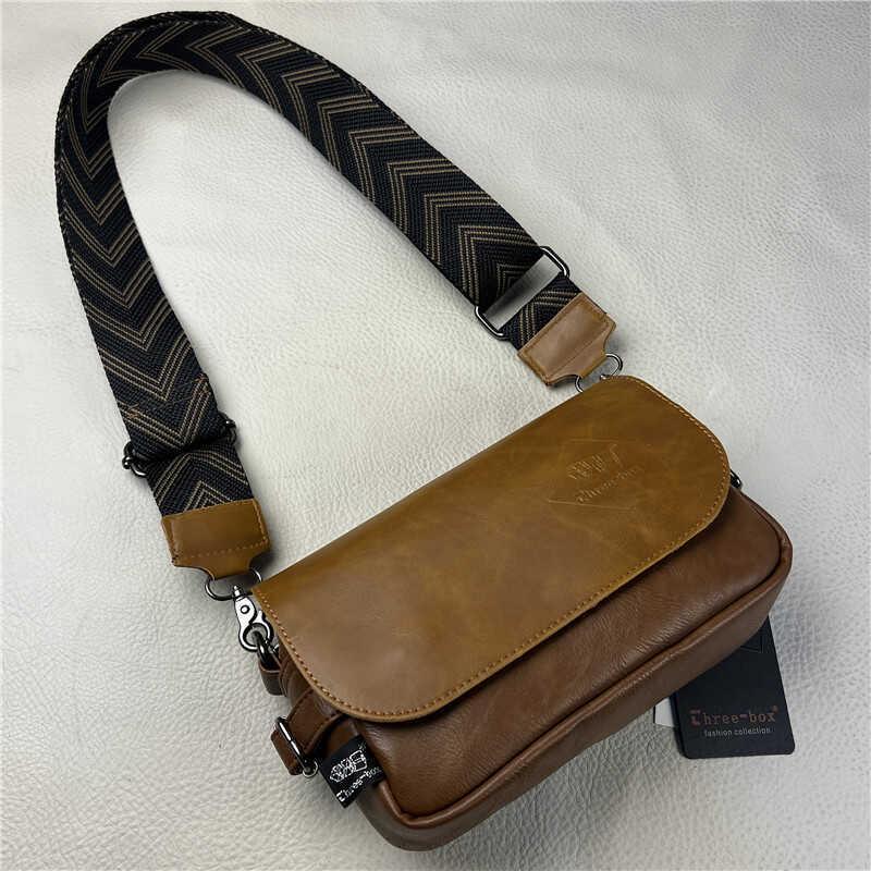 Hong Kong It Trendy Brand 2026 Korean Style Crossbody Genuine Leather Men's Bag Casual Single Shoulder Cowhide Messenger Bag with Ribbon Small Crossbody Bag