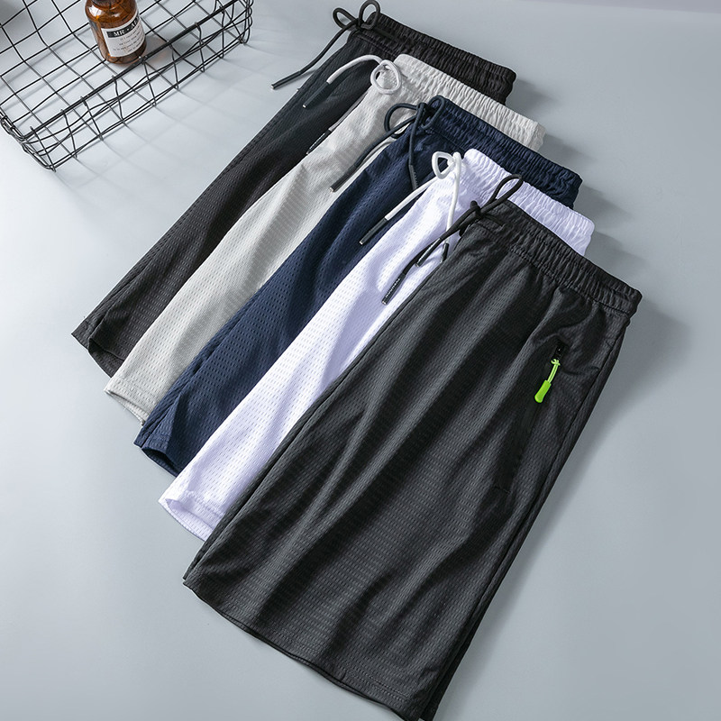 Sports shorts men's summer thin quick-drying ice silk zipper pocket five-point pants loose casual running basketball fitness