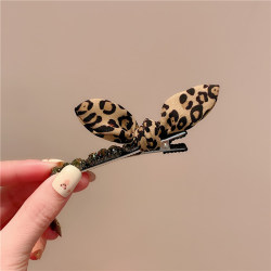 Leopard print bow hair clip cute bunny ears side clip women Korean side clip headwear exquisite rhinestone one-word clip