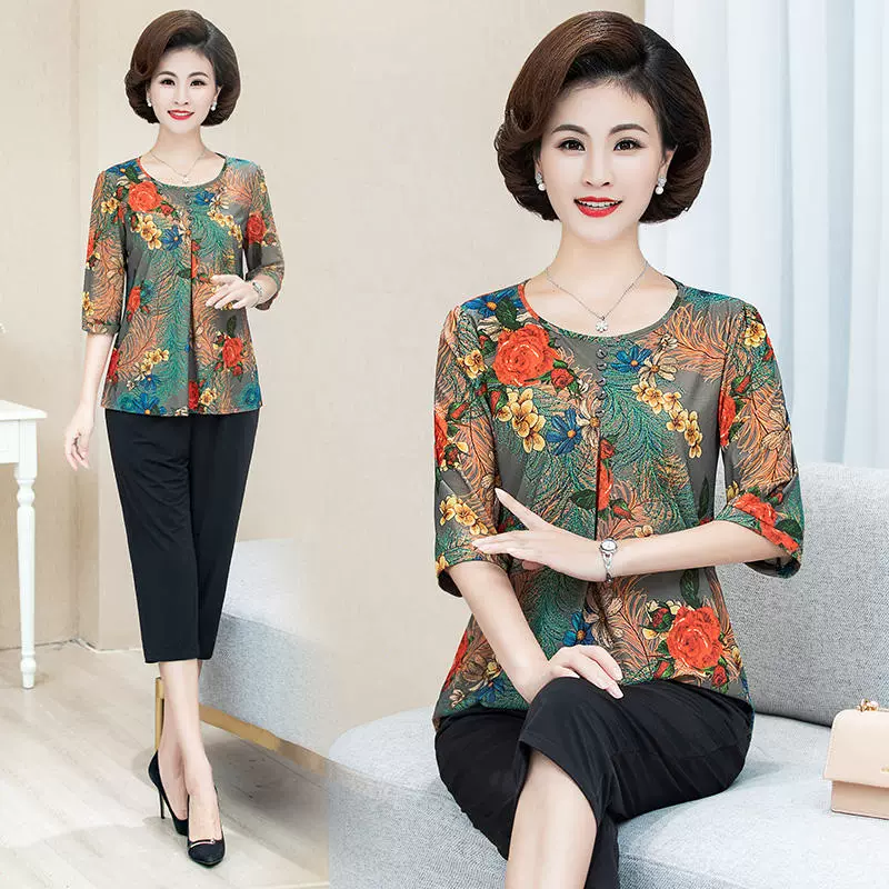 Bộ đồ hai dây ngắn tay mùa hè của mẹ 2020 Quần áo nữ trung niên mới Trung niên và quần áo kiểu phương Tây để giảm tuổi - Phụ nữ cao cấp