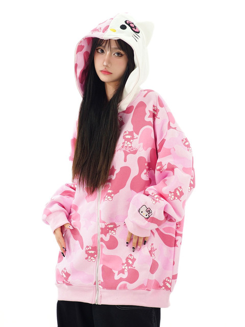 Amoeba ຕົ້ນສະບັບ American cute ears Hello Kitty all-over printed camouflage hooded sweatshirt jacket women's zipper cardigan