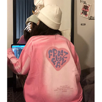 Shaking pink tie dyed foam round neck sweater female spring and autumn thin loose Joker men and women couple top