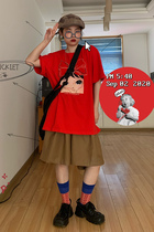 SHAKING National Tide Bow Embroidery Printed Cotton Short Sleeve T-shirt Women Sweet Age Loose Loose Couple Top