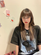 SHAKING bear pattern round neck black T-shirt female fun cartoon loose thin Joker couple short sleeve tide