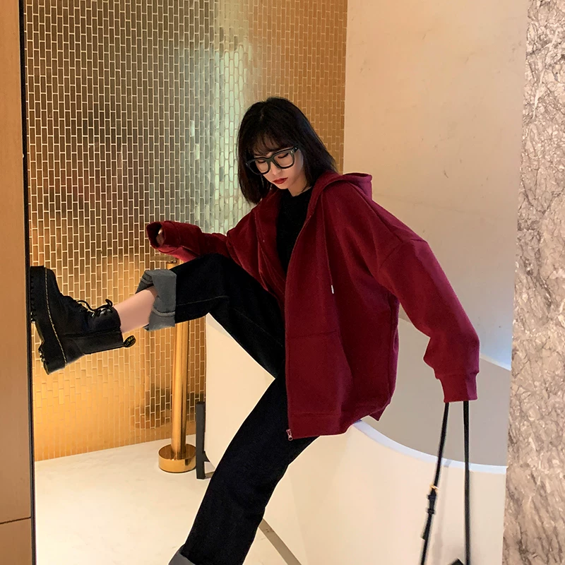 初可 Burgundy sweatshirt, spring hoody with zipper, long-sleeve, cardigan, 2021 collection