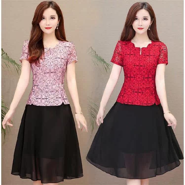 Ocean Dress Summer Middle Age Large Size Mother Dress Short Sleeve Korean version Skinny pack Hip Fake two sets of foreign dress