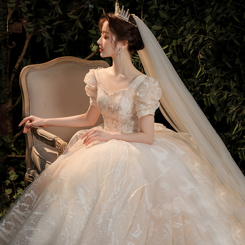 Wedding Dress 2021 New Bridal Master Wedding Dress QiDi Simple Atmosphere Long Trail Cover Thick Arm Vintage Main Yarn 2022