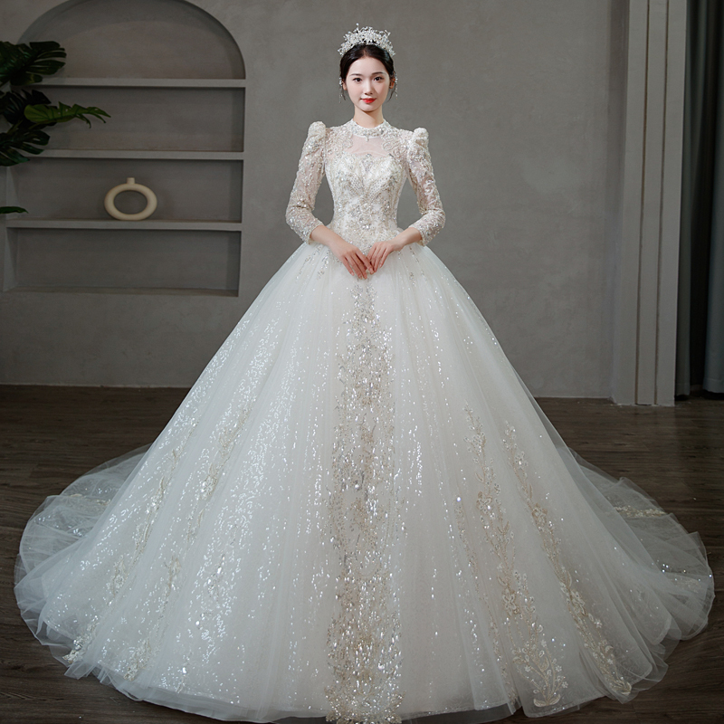 Wedding Dress 2026 Bride's Main Wedding Dress Long-Sleeved Bridal Gown French Luxury Heavy Lace Court Style Reception Ceremony Dress