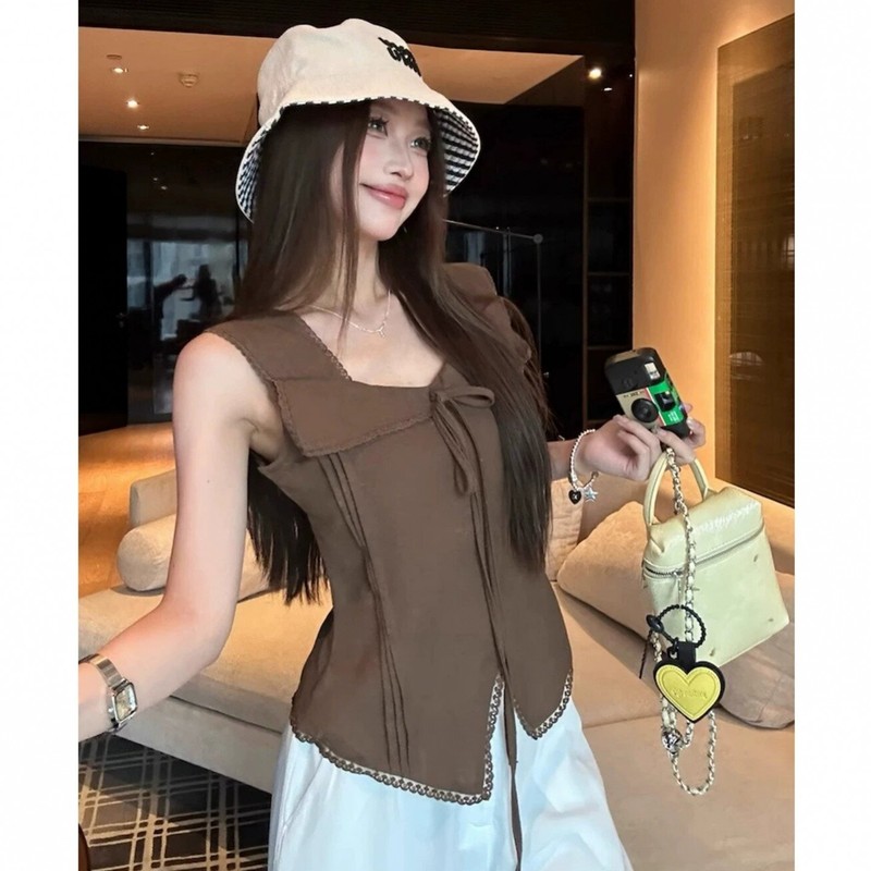 French Lace Patchwork Lace-Up Sleeveless Shirt for Women, Summer Thin Style, Elegant Slim Design, Niche Tank Top French Lace Patchwork Lace-Up Sleeveless Shirt for Women, Summer Thin Style, Elegant Slim Design, Niche Tank Top