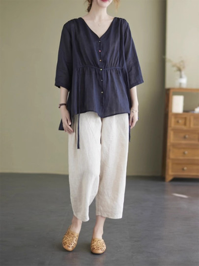 2025夏季潮牌中年妈妈套装女短袖上衣大码显瘦棉麻裤子洋气两件套