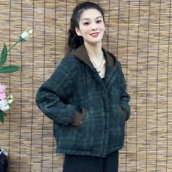 2025 new winter plaid cotton coat women's hooded loose slimming warm casual small cotton coat versatile 2025 new winter plaid cotton coat women's hooded loose slimming warm casual small cotton coat versatile