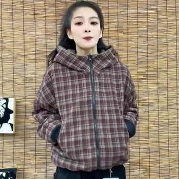 Reversible thickened hooded cotton coat for women autumn and winter new plaid large pocket thickened warm cotton coat for women Reversible thickened hooded cotton coat for women autumn and winter new plaid large pocket thickened warm cotton coat for women