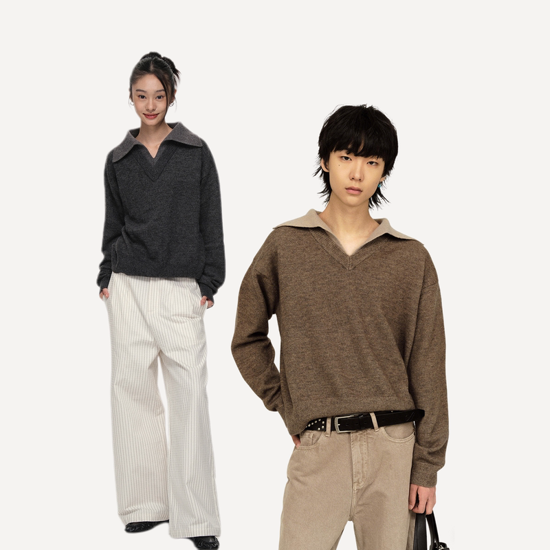 Set for Life 24Fw Wool Double V-Neck Lapel Color-Blocked Yarn Early Autumn Thin Skin-Friendly Sweater