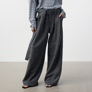 Set for life 25fw – pantalon taille haute plissé à lacets, en laine mélangée, texture de fil de flocon de neige