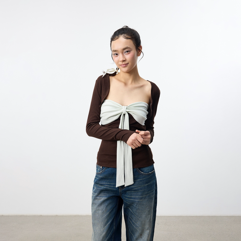 Set for Life Tencel Wool Bow Bandeau Color-Block Slim-Fit Knit Top with Detachable Cover-Up, Two-In-One