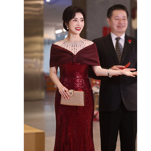 Бордовые блестки для ногтей, элитное вечернее платье, свадебное платье для матери, легкий роскошный стиль, изысканный стиль