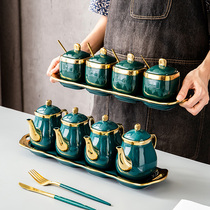 Light luxury Emerald five-piece set of ingredients tank set ceramic sugar jar salt taste jar seasoning bottle household