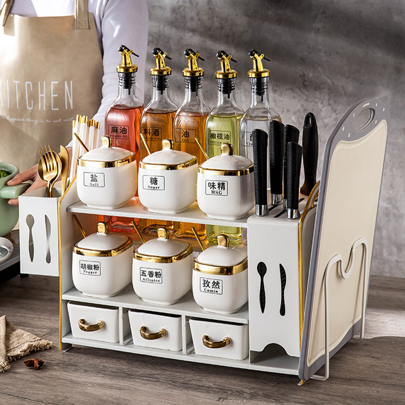 Seasoning bottle, glass oil pot, oil salt, household goods, kitchen sauce and vinegar seasoning jar combination seasoning box rack