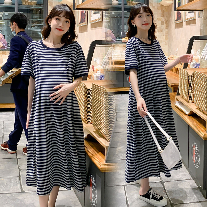 Pregnant woman summer dress new one-piece dress short sleeve pure cotton striped long dress Summer slim fit for pregnant woman's dress 