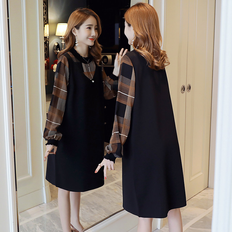 Pregnancy woman dress for autumn clothing Dress Fake two Thickened Plaid splicing skirts Loose Big Code Autumn Winter Pregnant Women Dress 