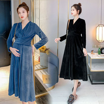 Pregnant womens autumn dress with dress and autumn winter thickens out for long skirts and autumn winter big code bellwether not to show a velvet skirt
