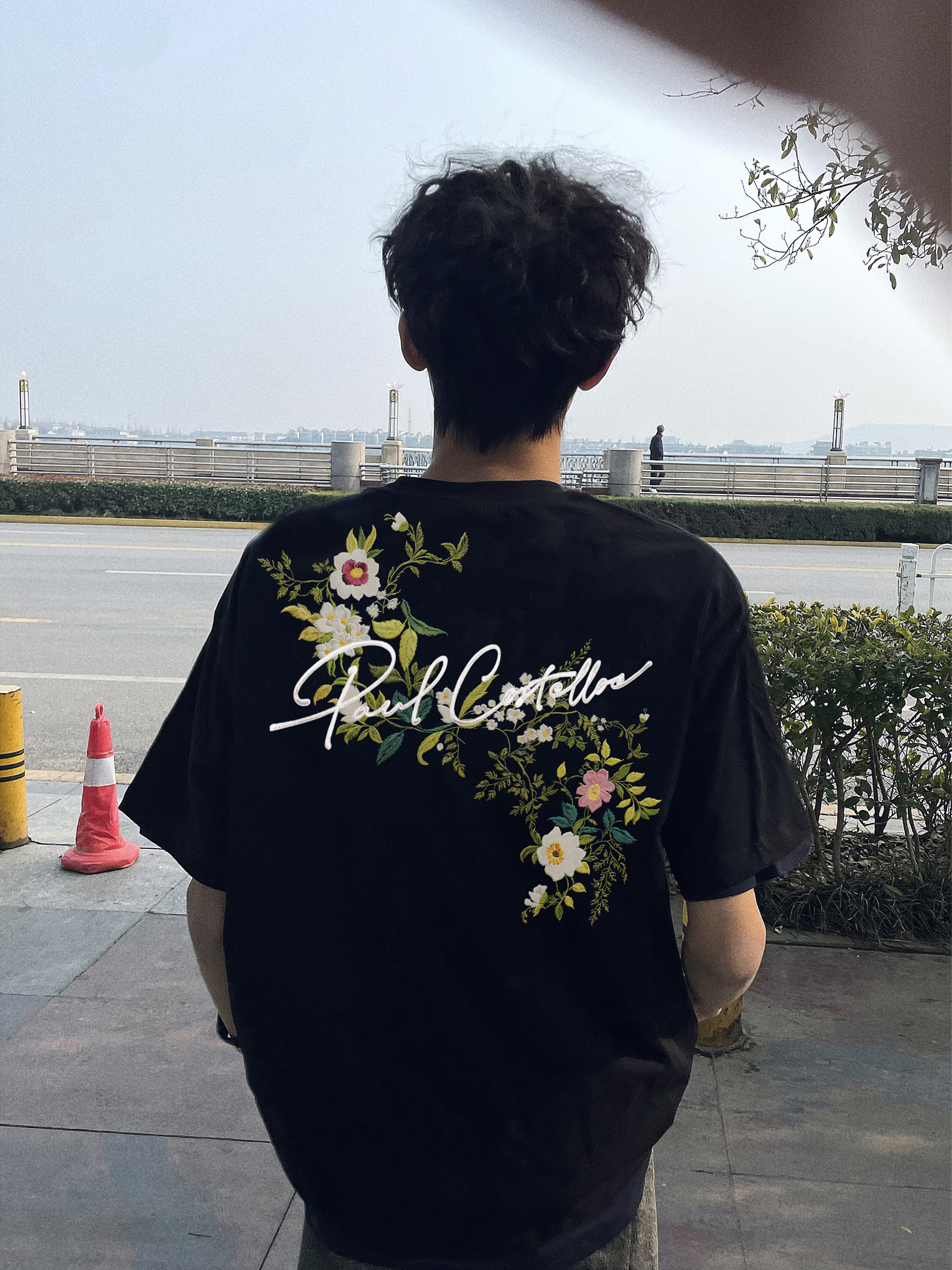 国潮牌花卉刺绣短袖t恤男款夏季2025新款宽松情侣装纯棉高端上衣