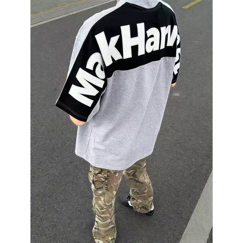 American High Street Letter Patch Embroidery Color-Block Short-Sleeve T-Shirt for Men, 2026 New Loose Trendy Brand Summer Top