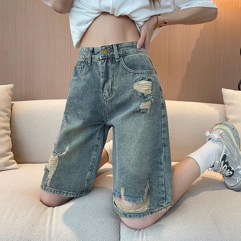 Cement Gray Ripped Five-Point Denim Shorts for Women, Summer Plus Size, Thin, Loose Fit, Pear-Shaped Body, Mid-Length Pants, Vintage Style Five-Point Shorts