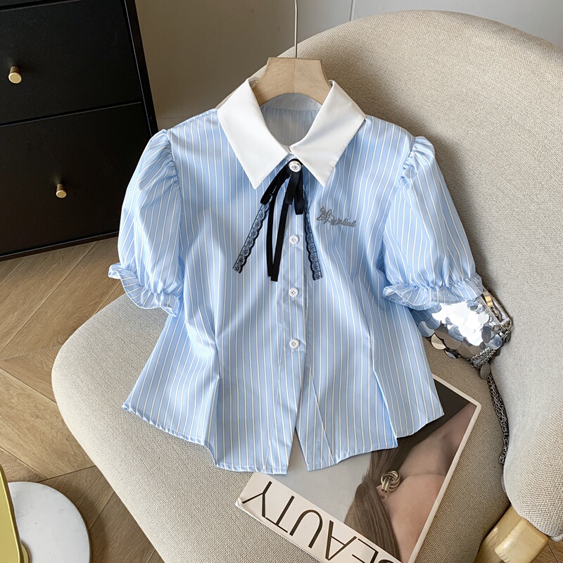 French-Style Striped Short-Sleeved Shirt, Summer Waist-Cinching, Age-Reducing Student Uniform, Blue Shirt with Bow Tie, Preppy Style Top French-Style Striped Short-Sleeved Shirt, Summer Waist-Cinching, Age-Reducing Student Uniform, Blue Shirt with Bow Tie, Preppy Style Top
