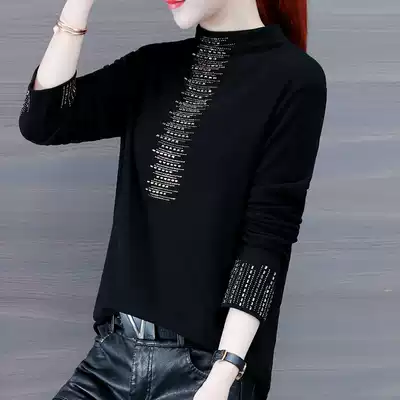 2021 female autumn new semi-high collar hot diamond foreign style base shirt inside set up foreign style versatile long sleeve small shirt thin