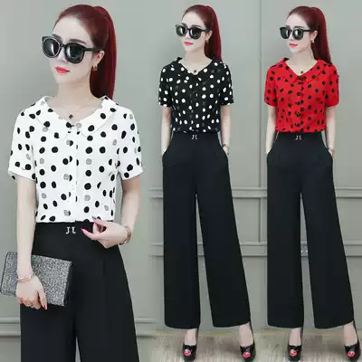 Summer high waist wide pants women fashion set 2021 New Short Sleeve Polo point shirt ankle-length pants professional two-piece set