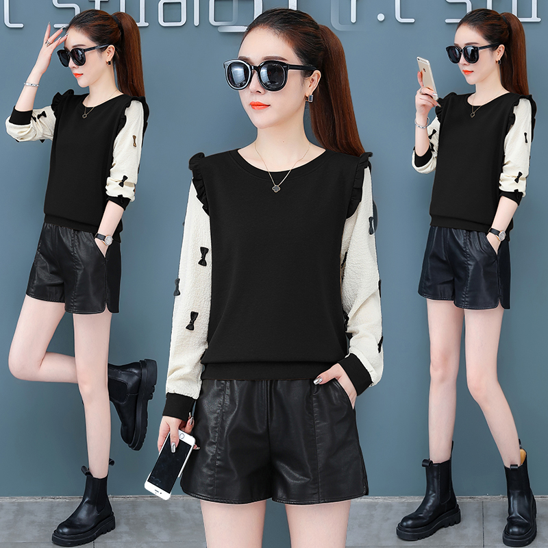 2022 early autumn new splicing puff sleeve knitted bottoming shirt loose outerwear sweater versatile bow top women