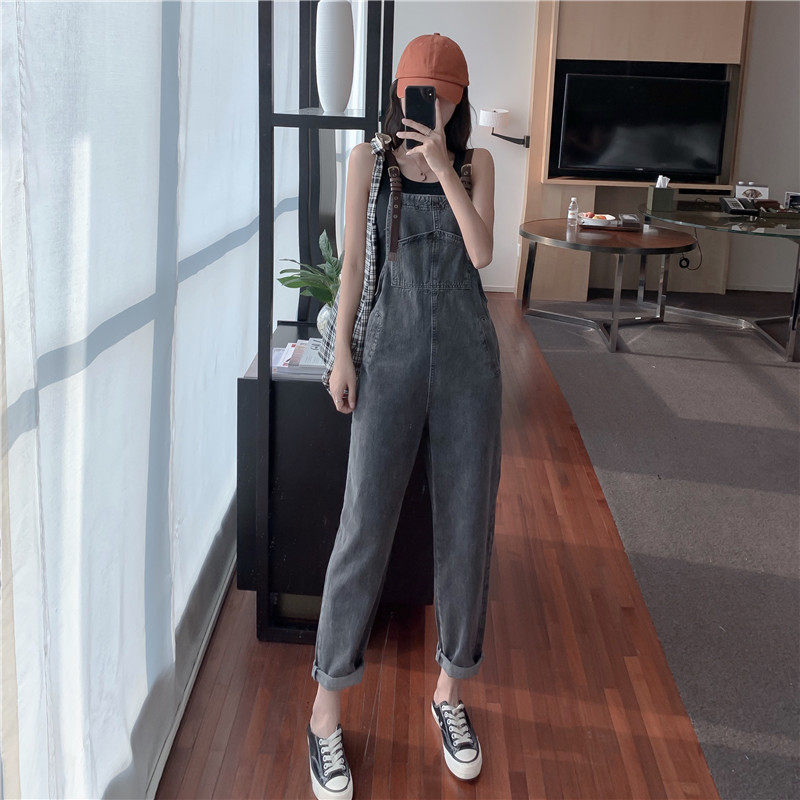 Hyun A wind jeans overalls female 2021 summer age reduction Korean version loose all-match straight nine points pants student tide