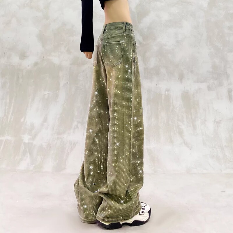 Shiny Rhinestone Starry Sky Distressed Color Casual Jeans for Men and Women, New High-Waisted Loose Fit Slimming Versatile Straight-Leg Pants