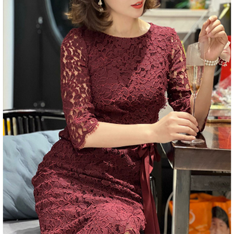 Elegant Lace Dress for Mother-In-Law's Wedding Banquet 2025 New Style Burgundy Autumn Mature Style Long Dress Formal Dress